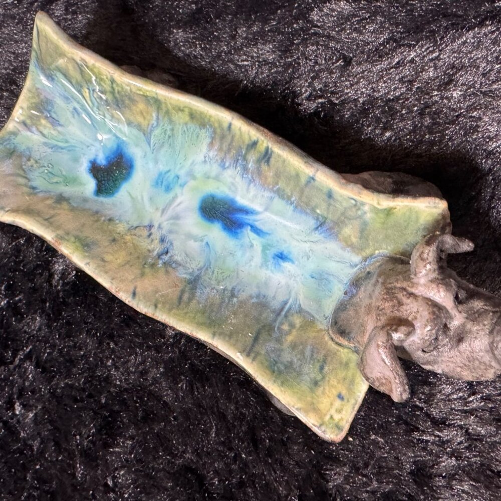 Unique Handmade Ceramic Dog-Themed Tray With Abstract Blue & Green Glaze Signed
